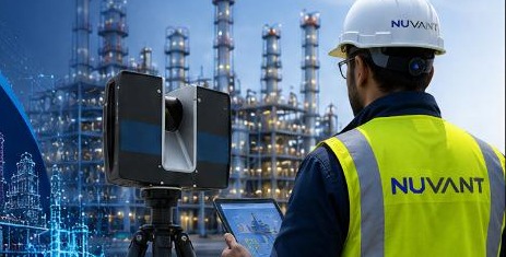 Nuvant engineer using 3D scanning equipment in an industrial plant