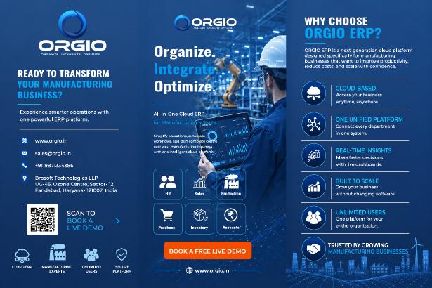 Orgio ERP brochure panel for manufacturing business transformation